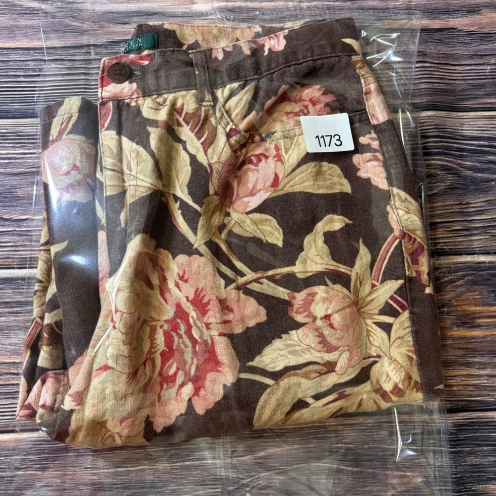 Lauren Ralph Lauren Linen Pants Womens 10 Brown Pink Floral High Rise Straight - Picture 13 of 13